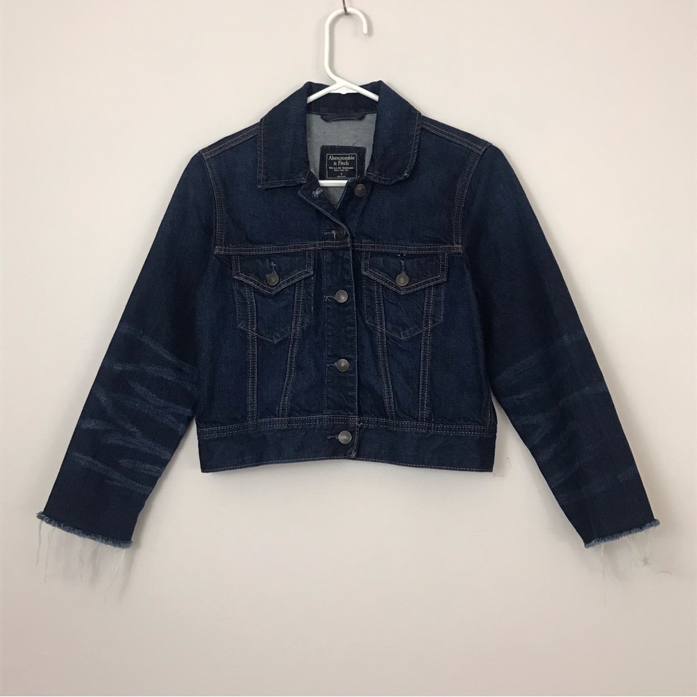 Abercrombie & Fitch Dark Wash Cropped Cut Sleeve Denim Jean Jacket Women's Sz S